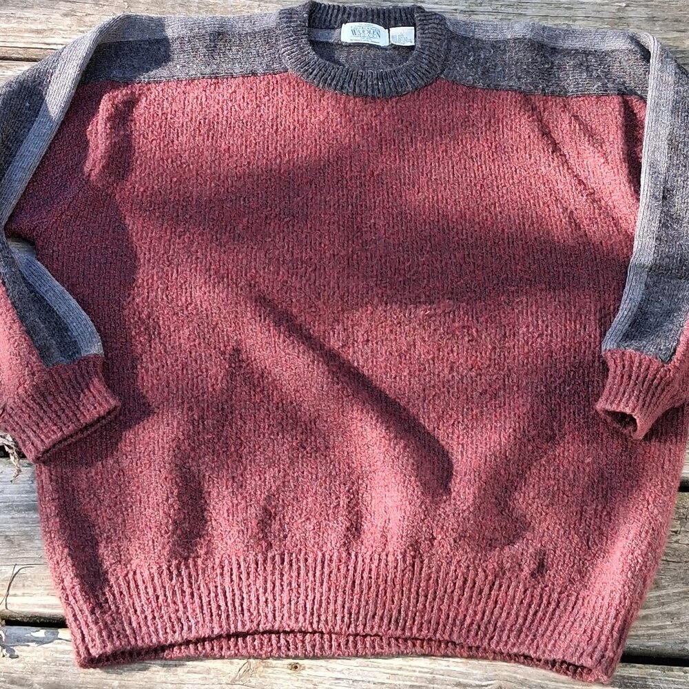 Vintage Frankenmuth Wool Blend Sweater Men’s Large Gray Red Winter Cabin Logger